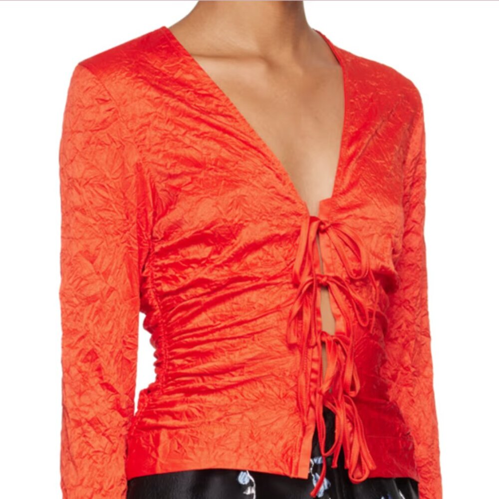 Ganni Red Crinkled Blouse with Open Tie Front